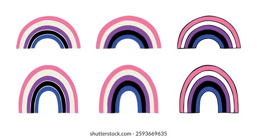 Set of colorful rainbow shape Gender fluid pride flag Happy pride day LGBTQIA community Pride Month Vector hand drawn doodle for posters, stickers, logo, cards