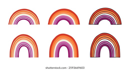 Set of colorful rainbow shape Lesbian pride flag Happy pride day LGBTQIA community Pride Month Vector hand drawn doodle for posters, stickers, logo, cards