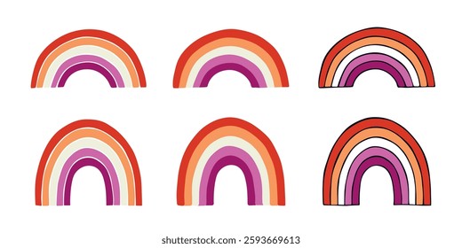 Set of colorful rainbow shape Lesbian pride flag Happy pride day LGBTQIA community Pride Month Vector hand drawn doodle for posters, stickers, logo, cards