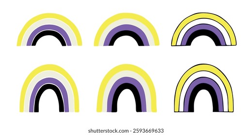 Set of colorful rainbow shape Non-binary pride flag Happy pride day LGBTQIA community Pride Month Vector hand drawn doodle for posters, stickers, logo, cards