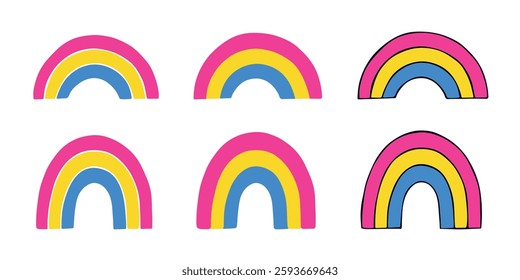 Set of colorful rainbow shape Pansexual pride flag Happy pride day LGBTQIA community Pride Month Vector hand drawn doodle for posters, stickers, logo, cards