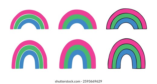 Set of colorful rainbow shape Polysexual pride flag Happy pride day LGBTQIA community Pride Month Vector hand drawn doodle for posters, stickers, logo, cards