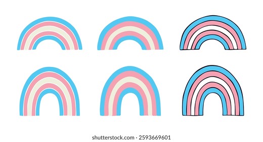 Set of colorful rainbow shape Transgender pride flag Happy pride day LGBTQIA community Pride Month Vector hand drawn doodle for posters, stickers, logo, cards