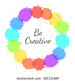 Set of colorful rainbow spots isolated on white background. Circle frame of colorful  ink splashes