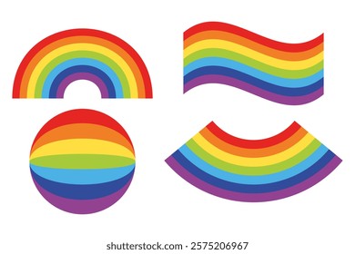 Set of colorful rainbow vector designs with different shapes, including semicircle, wave, and circle. Perfect for Pride, creativity, and design projects.