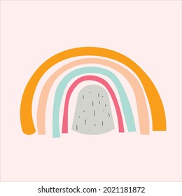 A set with colorful rainbows, clouds, the sun, cute houses and snails. Children's illustration with cute animals and pastel rainbows.
