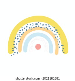 Un conjunto de arcos de colores, nubes, el sol, casas bonitas y caracoles. Ilustración infantil con bonitos animales y arcos pastel.