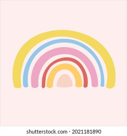 Un conjunto de arcos de colores, nubes, el sol, casas bonitas y caracoles. Ilustración infantil con bonitos animales y arcos pastel.