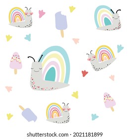 A set with colorful rainbows, clouds, the sun, cute houses and snails. Children's illustration with cute animals and pastel rainbows.