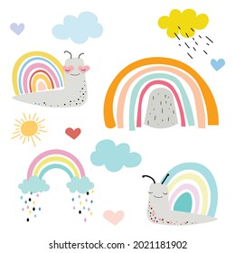Un conjunto de arcos de colores, nubes, el sol, casas bonitas y caracoles. Ilustración infantil con bonitos animales y arcos pastel.