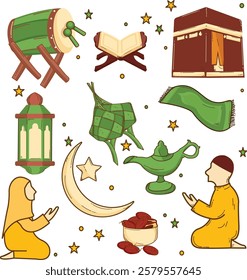 set of colorful ramadan icons and white background