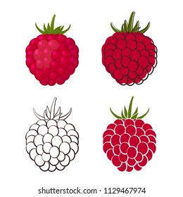 Set of colorful raspberry icons on a white background, silhouette and outline. Design for poster, label, banner. Vector illustration.