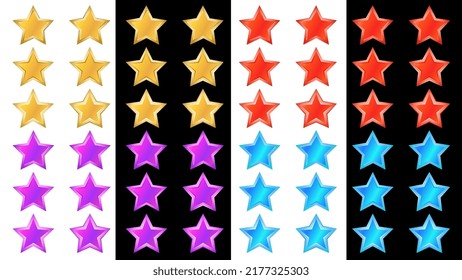 Set of colorful rating stars with different borders on white and black background. For rating or decorative decoration. Vector design element.