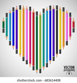 Set of colorful realistic 3d pencils in the shape of heart, isolated on white background vector illustration
