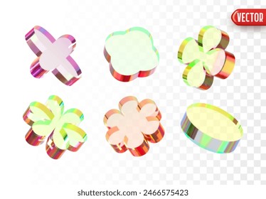 Set of colorful realistic 3d stained glass elements of iridescent glass flower shape, cross and round lens. Glass decorative antique vintage objects for design. Vector illustration