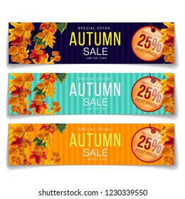 Set of colorful realistic coupons in different colors advertising autumn sale with 25 percent discount 