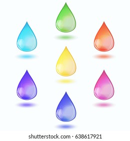 Set of colorful realistic drops. Vector illustration. Multicolored glossy drops with reflection. 