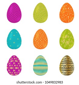 Set of colorful realistic easter eggs decorated golden stripes, dots and flowers. Vector illustration