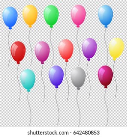 Set of colorful realistic helium balloons on transparent background. Vector illustration eps 10