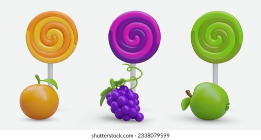 Set of colorful realistic lollipops with different taste. Lollipop with orange, grape and apple taste. Design for candy shop concept. Vector illustration in purple, green and orange colors