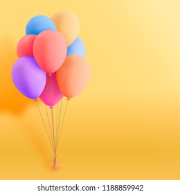 Set of colorful realistic mat helium balloons floating on yellow background. Vector 3D balloons for birthday, party, wedding or promotion banners or posters. Vivid illustration in pastel colors.