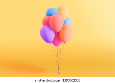 Set of colorful realistic mat helium balloons floating on yellow background. Vector 3D balloons for birthday, party, wedding or promotion banners or posters. Vivid illustration in pastel colors.