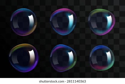 Set of colorful realistic soap bubbles on a dark background. Transparent glossy spheres. Vector illustration