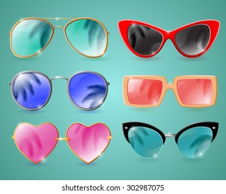 Set of colorful realistic sunglasses with palm's reflection on green background vector illustration