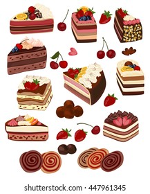 Set of colorful and realistic sweet.  Set of isolated cakes decorated with cream and fruit, rolls, pastries and candy.