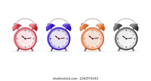 Set of colorful realistic vector 3d alarm clocks isolated on white background.