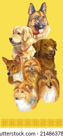 Set of colorful realistic vector portraits of different dogs breeds. Vector isolated illustration. Vertical poster on yellow background. For print, decor, design, cards, stickers, t-shirt, posters