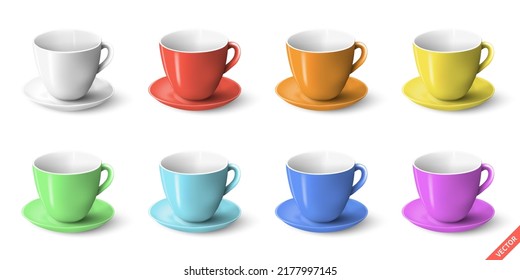Set of colorful realistic white mugs isolated on white background. Vector illustration.