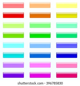 Set of colorful rectangle buttons (red, orange, yellow, green, blue, violet, tortoise, pink colors). Glossy shine design elements. Multicolored illustration for web or typography