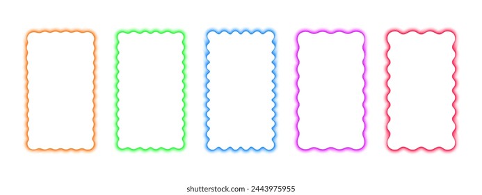 Set of colorful rectangle frames with wavy borders. Wiggly rectangular shapes with blurry aura effect. Empty text boxes or web banner templates with soft gradient edges. Vector graphic illustration.