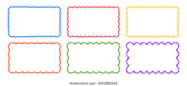 Set of colorful rectangle frames with wavy borders. Undulated rectangular shapes with blurry neon effect. Empty text box or web banner templates with soft gradient edges. Vector illustration.