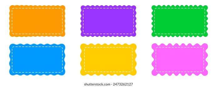 Set or colorful rectangle patches with scalloped borders and stitch lines. Tags, labels, or coupons rectangular boxes with curvy edges isolated on white background. Vector flat illustration.