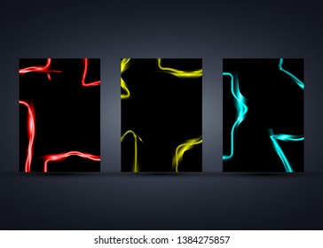 set colorful rectangle template with neon shiny glowing vintage frame isolated or black background. Cards Fluorescent light Multicolored neon tube realistic luminous vibrations border, vector fashion