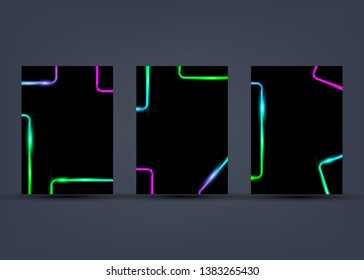 set colorful rectangle templates with neon shiny glowing vintage frame isolated or black background. Cards Fluorescent light Multicolored neon tube realistic luminous vibrations border, fashion design