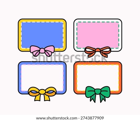 Set of colorful rectangular label frames with stitched borders and ribbon bows for tags, invitations, greeting cards, scrapbooking, and decorative design elements.
