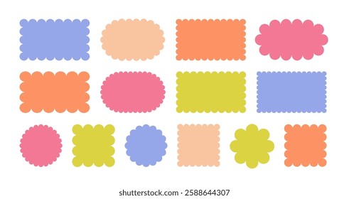 Set or colorful rectangular, oval, circle shapes with squiggly borders. Tags, labels, stamps, crackers, coupons. Rectangle boxes with curved, wavy edges isolated on a white background. Vector