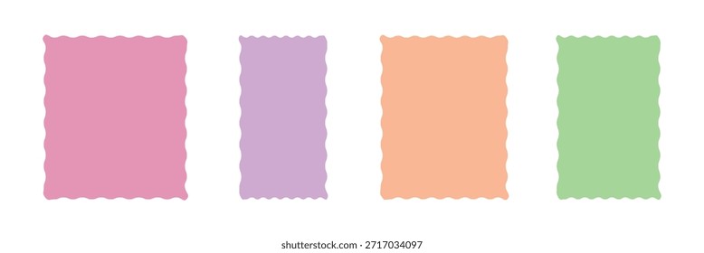 Set of colorful rectangular shapes with squiggly borders. Tags, labels, stamps, crackers, coupons rectangle boxes with curvy, wiggly, wavy edges isolated on white background. eps 10