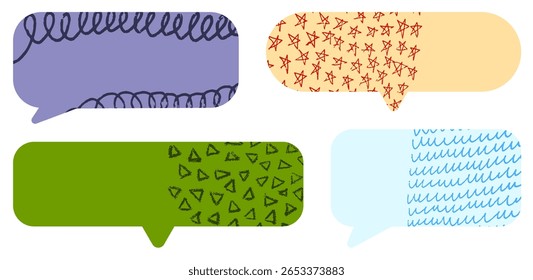 Conjunto de bolhas de fala retangulares coloridas com texturas desenhadas à mão. Ilustração vetorial.