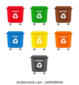 Set of colorful recycling bins. Garbage and waste recycle cans. Isolated on a white background. Flat vector llustration for web and print projects.