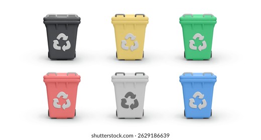 Set Of Colorful Recycling Bins With Recycle Symbols In 3D Minimal Style. Waste Sorting Containers For Sustainability, Clean Environment And Eco Projects. Vector Illustration