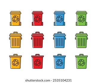 A set of colorful recycling bins, in a simple style, some of them have a recycling symbol on the front.