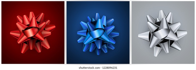 Set of colorful red, blue and silver realistic satin bows. Festive decoration, template for gift wrapping. Vector illustration.