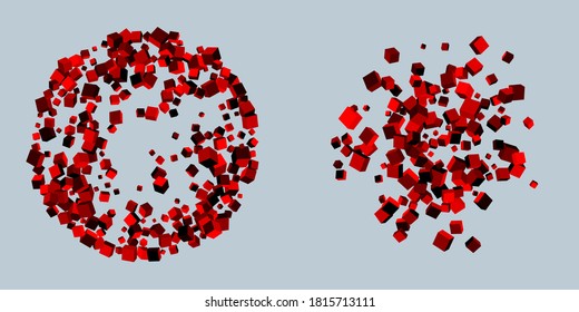 Conjunto de formas de cubo rojo coloridas explosiones aisladas en gris. Ilustración para el diseño artístico y la pintura de formas geoméricas