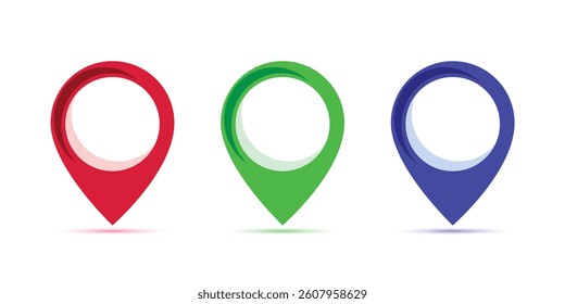 Set of colorful Red Green Blue map pointer. Map pins, markers. Location icons for map. Vector illustration