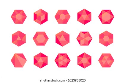 Set of colorful red isometric hexagonal gems (rubies, diamonds, brilliants, sapphires, stones) in geometry style for the game, icon or your company logo