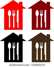 set of colorful restaurant sign with house, spoon, fork and knife silhouette